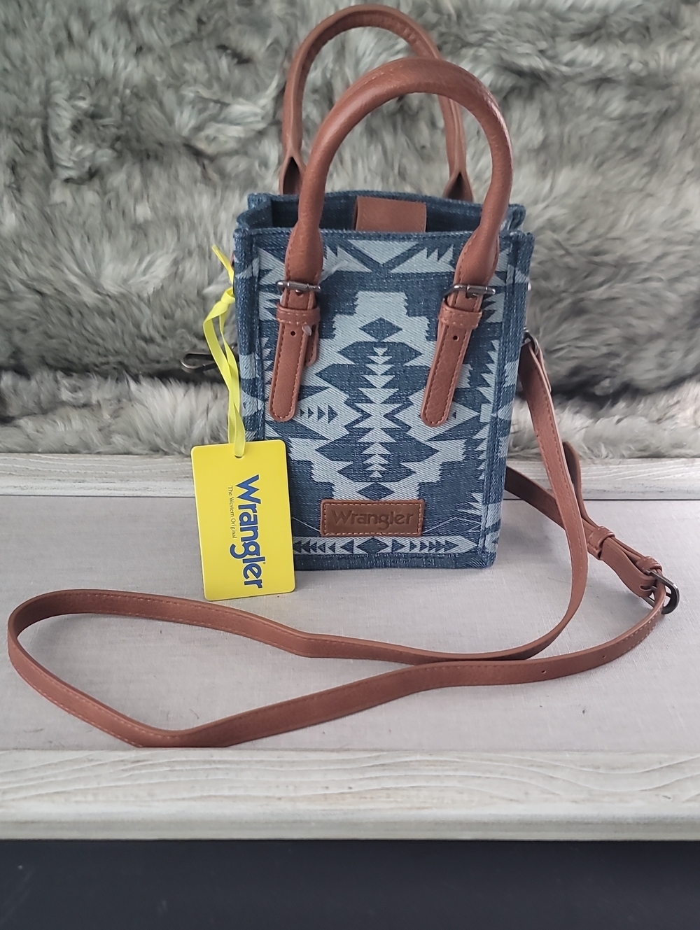 Wrangler Western Blue Aztec Mini Crossbody with Brown Trim